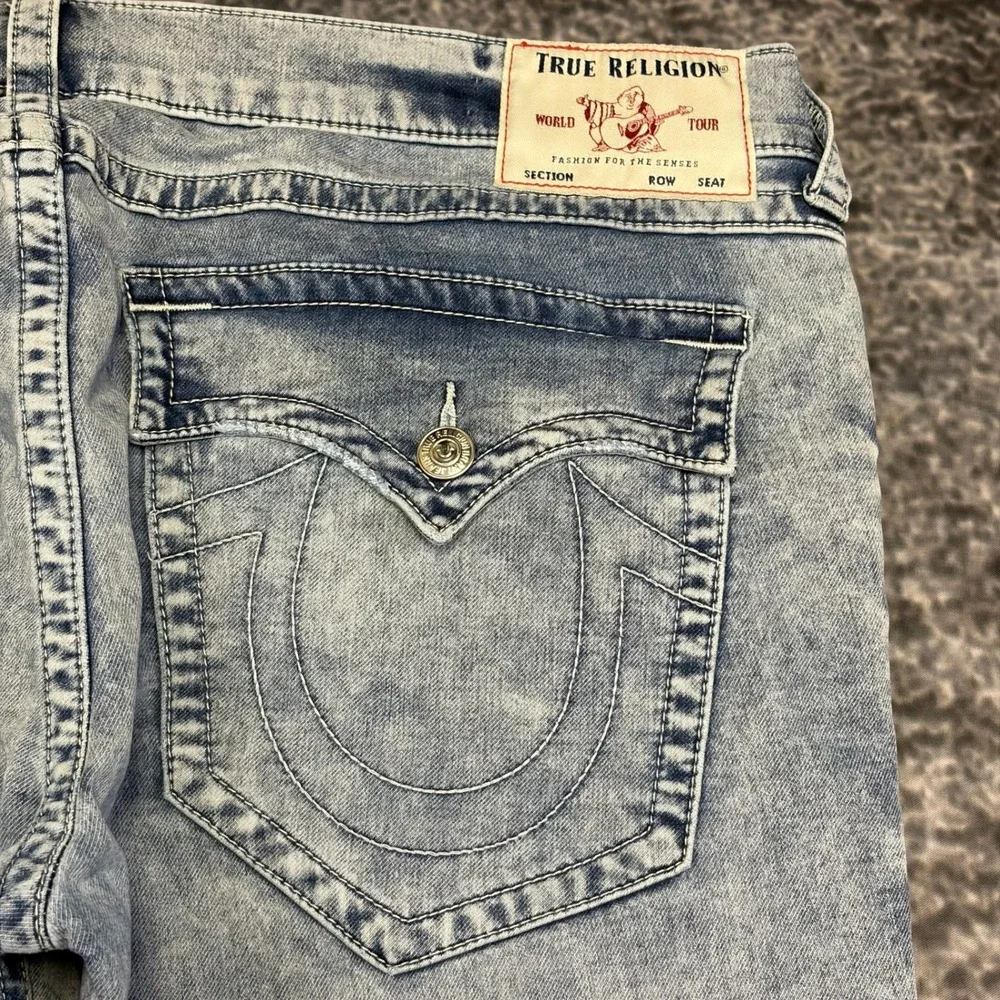 True Religion Ricky Jeans Relaxed Straight 42x33 Acid Wash Blue Flap Pockets